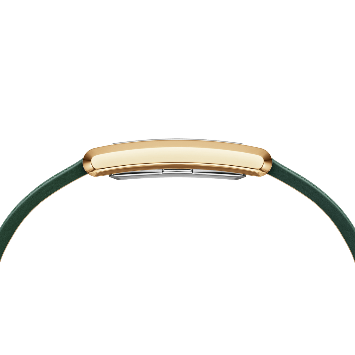 Side profile of the Bound Crocodile Champagne Sunray Gold watch highlighting its slim gold rectangular case and green leather strap, showcasing the elegant and comfortable fit for daily wear.