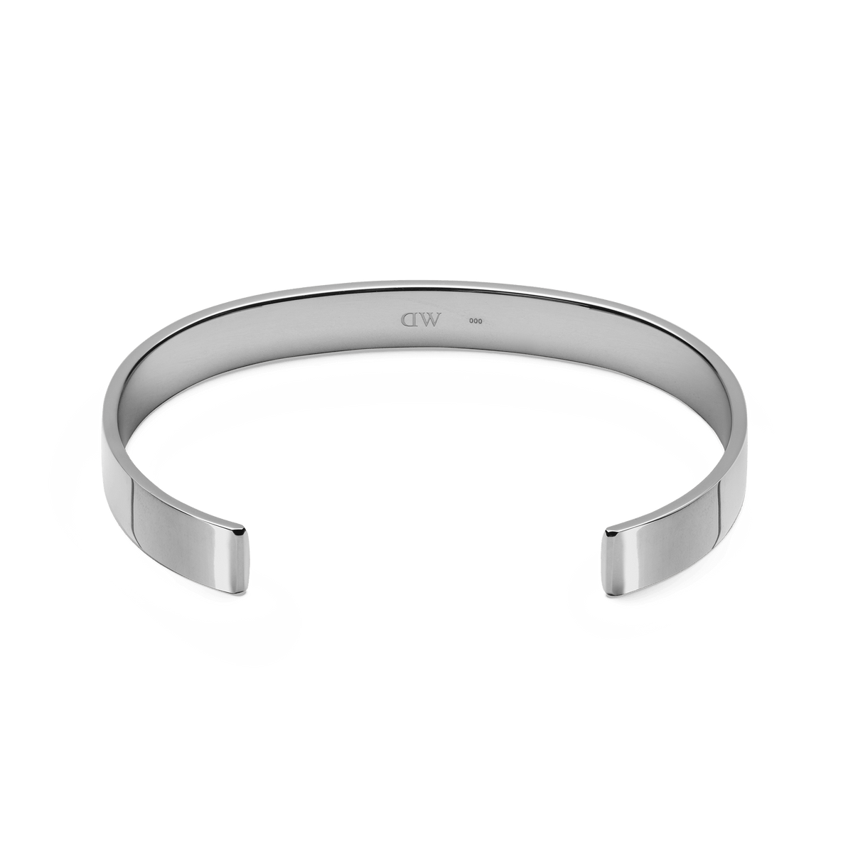 Line Cuff Polished Silver bracelet shown from the inside, highlighting its smooth inner surface, open cuff design, and polished stainless steel finish.