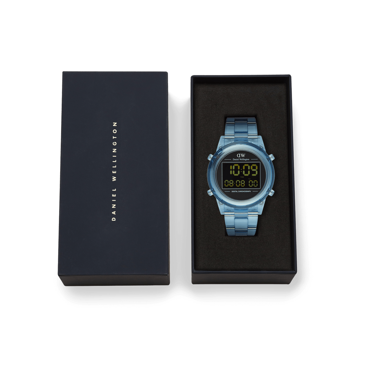 Retro Digital Light Blue Light Blue watch by Daniel Wellington displayed in its original black presentation box, featuring a transparent light blue strap and digital dial.
