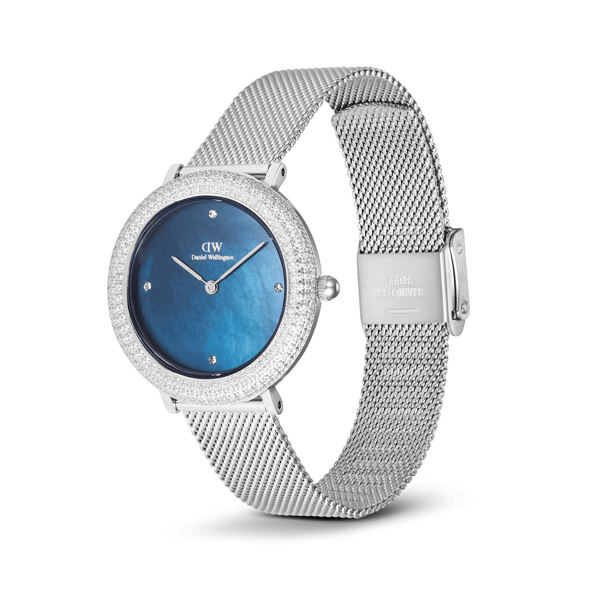 Crystalline Bezel Sterling Blue ladies watch by Daniel Wellington featuring a blue mother of pearl dial, crystal-set bezel, and an adjustable silver stainless steel mesh strap.