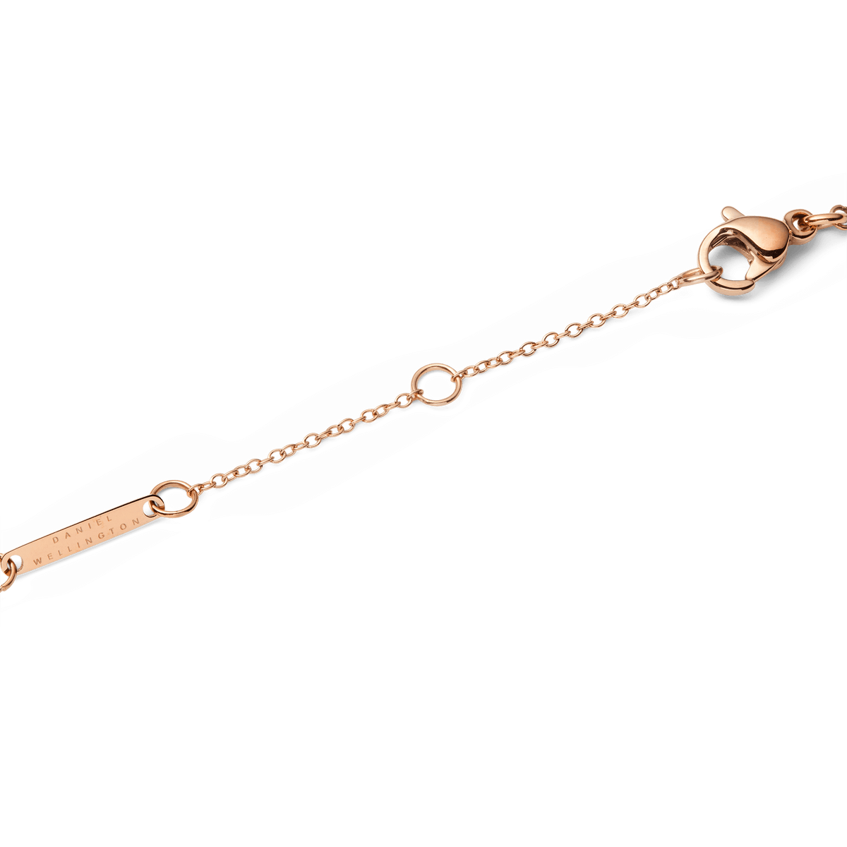 Detail of the Audrey Necklace Tiger Eye Rose Gold adjustable chain, showing the lobster clasp and Daniel Wellington branded tag in rose gold finish.