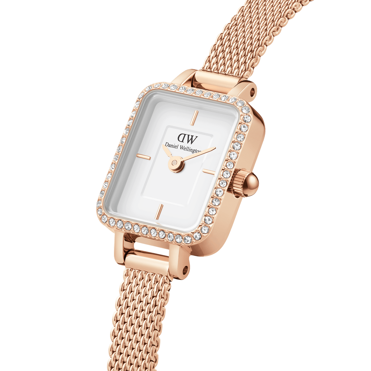 Quadro Mini Lumine Bezel Rose Gold ladies watch featuring a rectangular white dial, crystal-set bezel, and a rose gold mesh strap, shown in close-up to highlight its refined detailing and elegant finish.