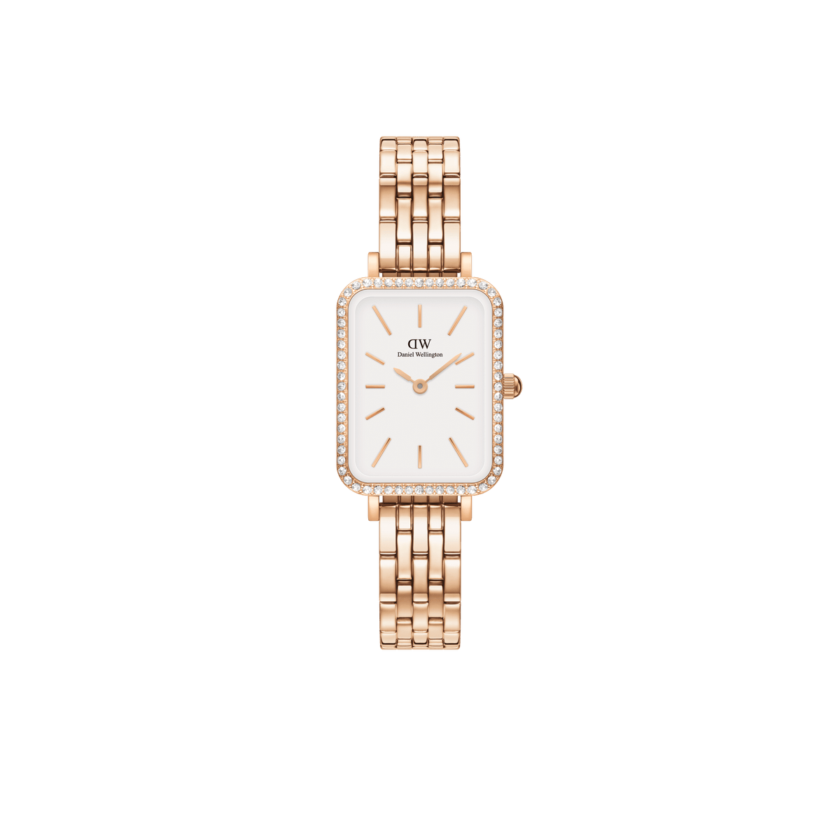 Rose gold ladies watch with a rectangular case, white minimalist dial, crystal-set bezel, and a five-link stainless steel strap, ideal for both formal and casual wear.
