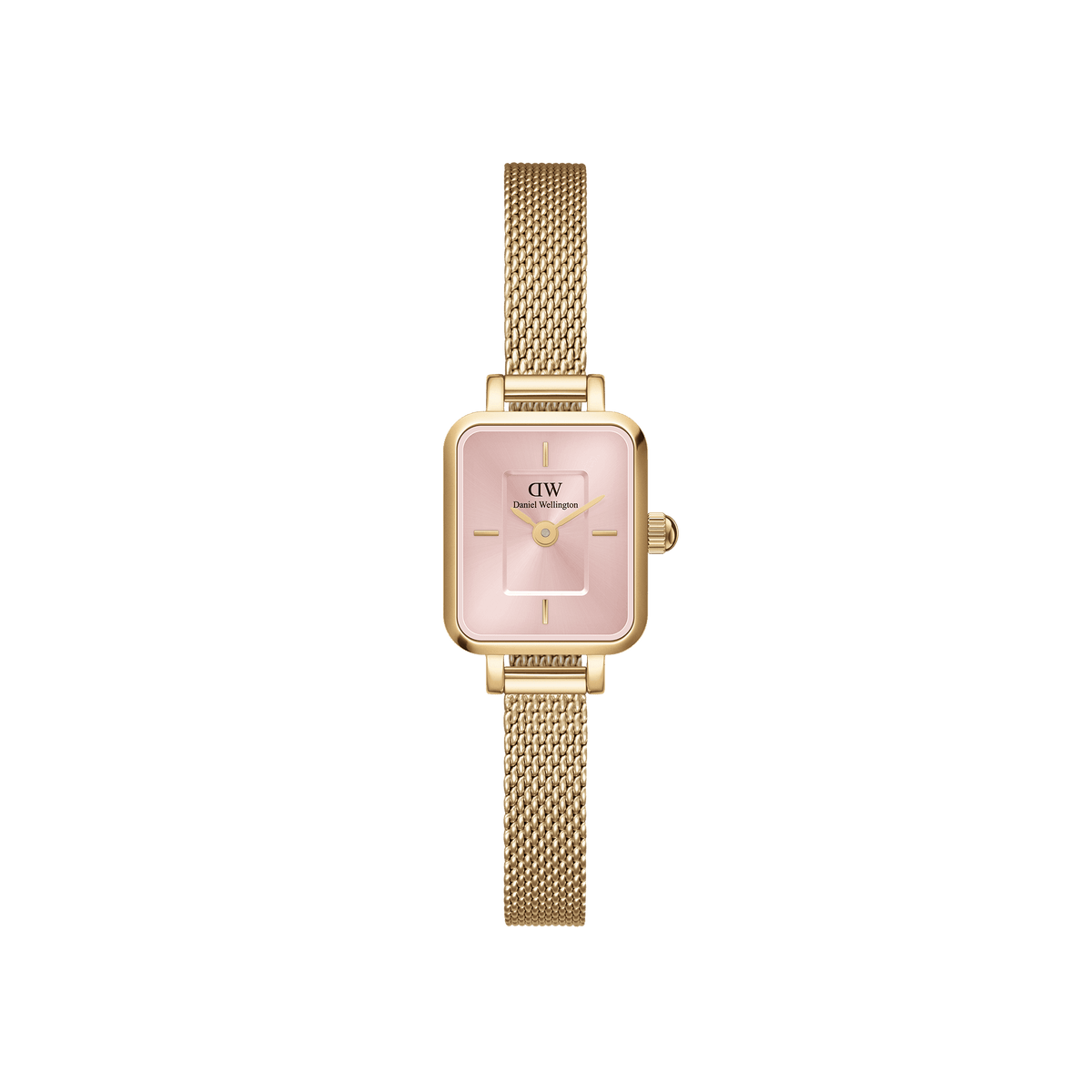 Quadro Mini Evergold Blush gold watch with a slim rectangular case, blush pink sunray dial, and a gold mesh strap, designed for women seeking a refined and contemporary accessory.