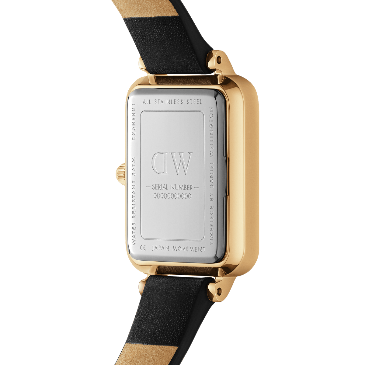 Back view of the Quadro Roman Numerals Sheffield Gold ladies watch showing the stainless steel case, gold plating, and black genuine leather strap, highlighting water resistance and Japanese movement details.