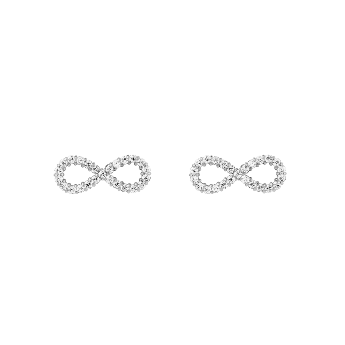 A pair of Mirelle Infinity Earring Silver stud earrings featuring polished silver infinity symbols set with sparkling white cubic zirconia crystals, displayed against a plain background.