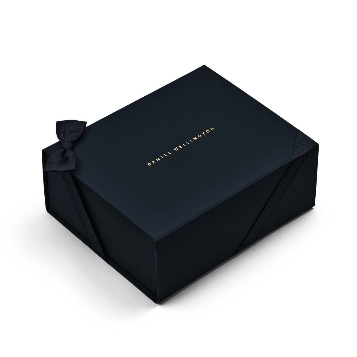 Premium Gift Box Blue featuring a deep blue colour, gold Daniel Wellington logo, and a fabric bow, designed for elegant presentation of gifts such as jewellery or watches.