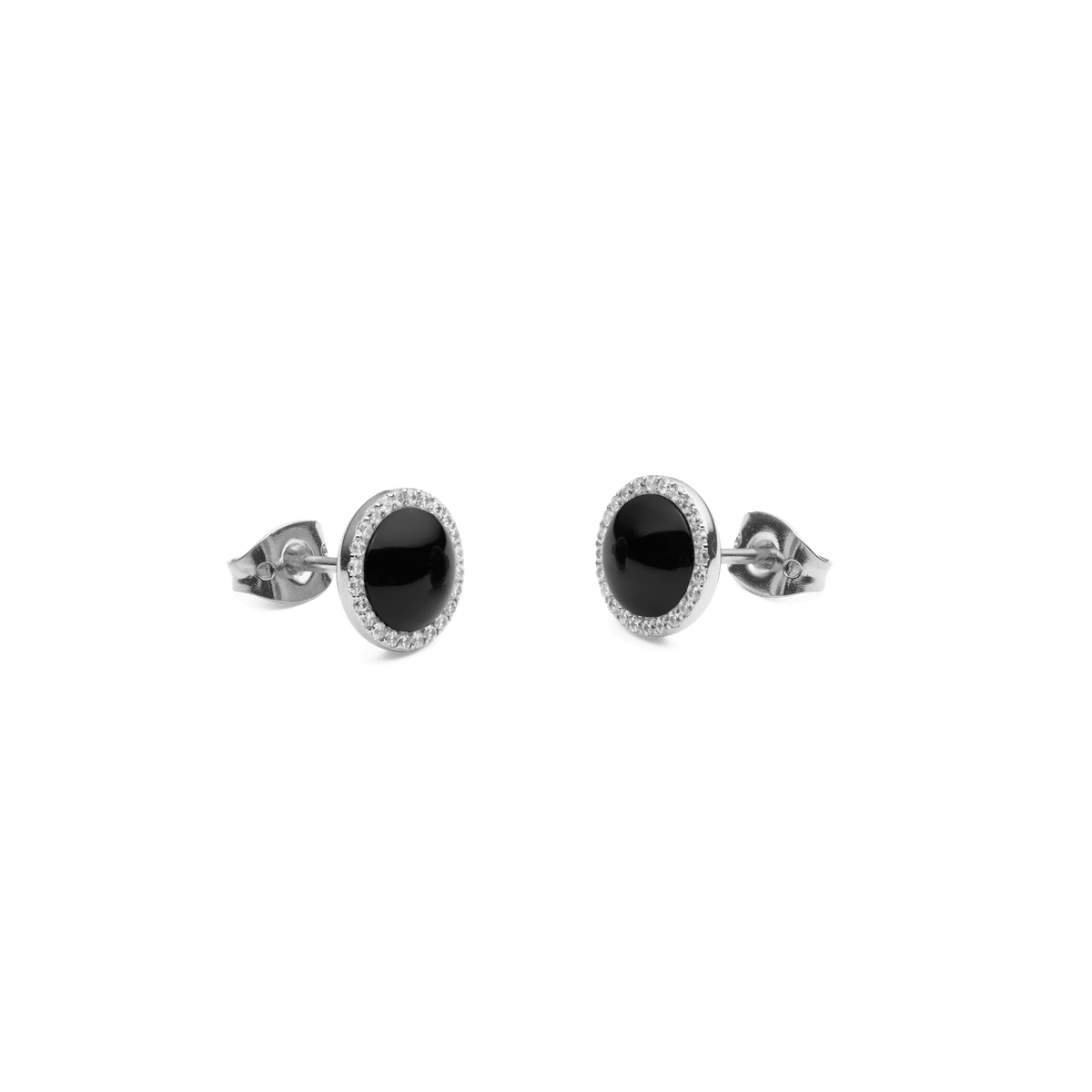 Audrey Earrings Black Agathe Silver shown from a side angle, highlighting the domed black agate centre, sparkling cubic zirconia halo, and secure butterfly clasp in polished silver.