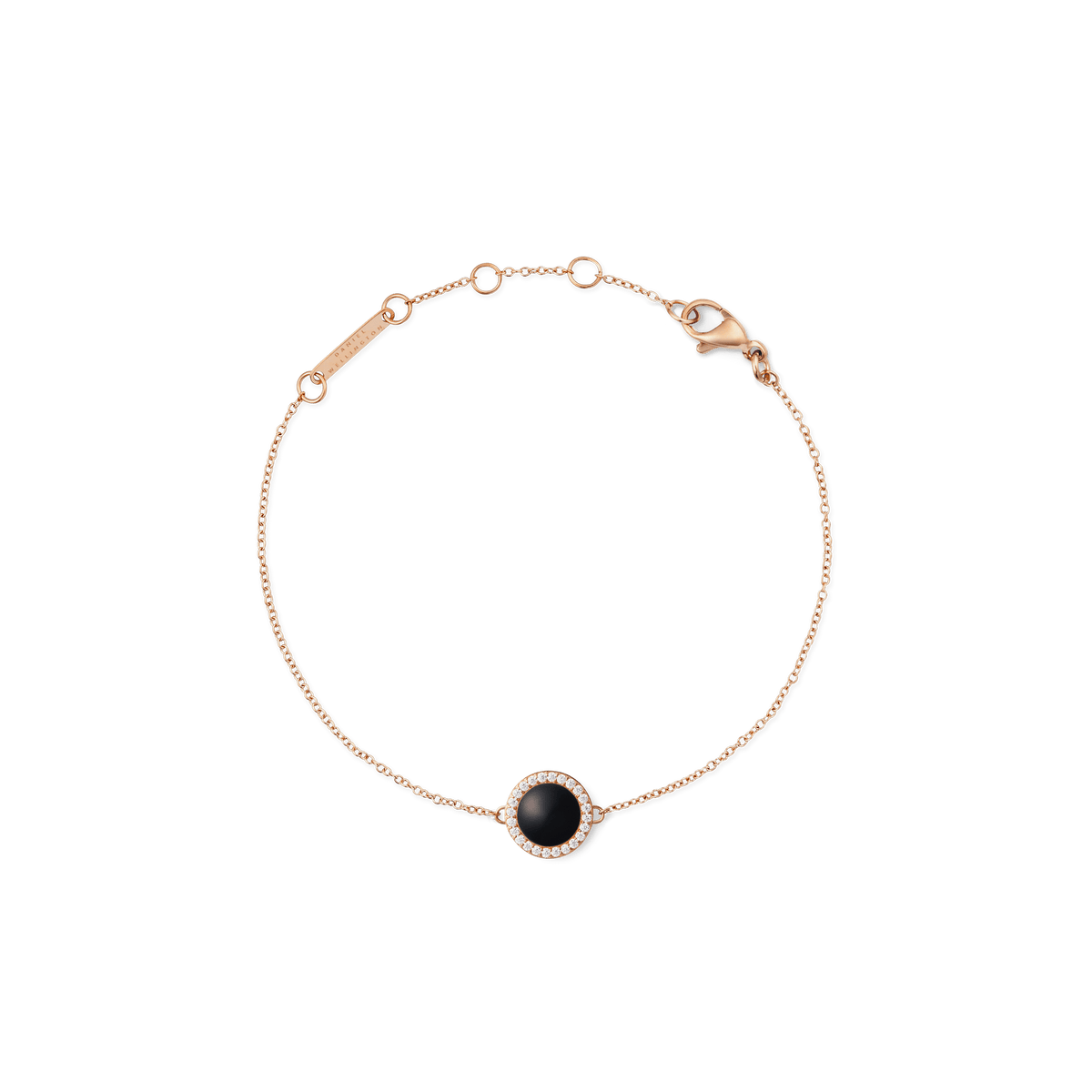 Delicate rose gold bracelet featuring a slim adjustable chain and a round black agate centrepiece framed by white cubic zirconia, designed for a refined and modern look.
