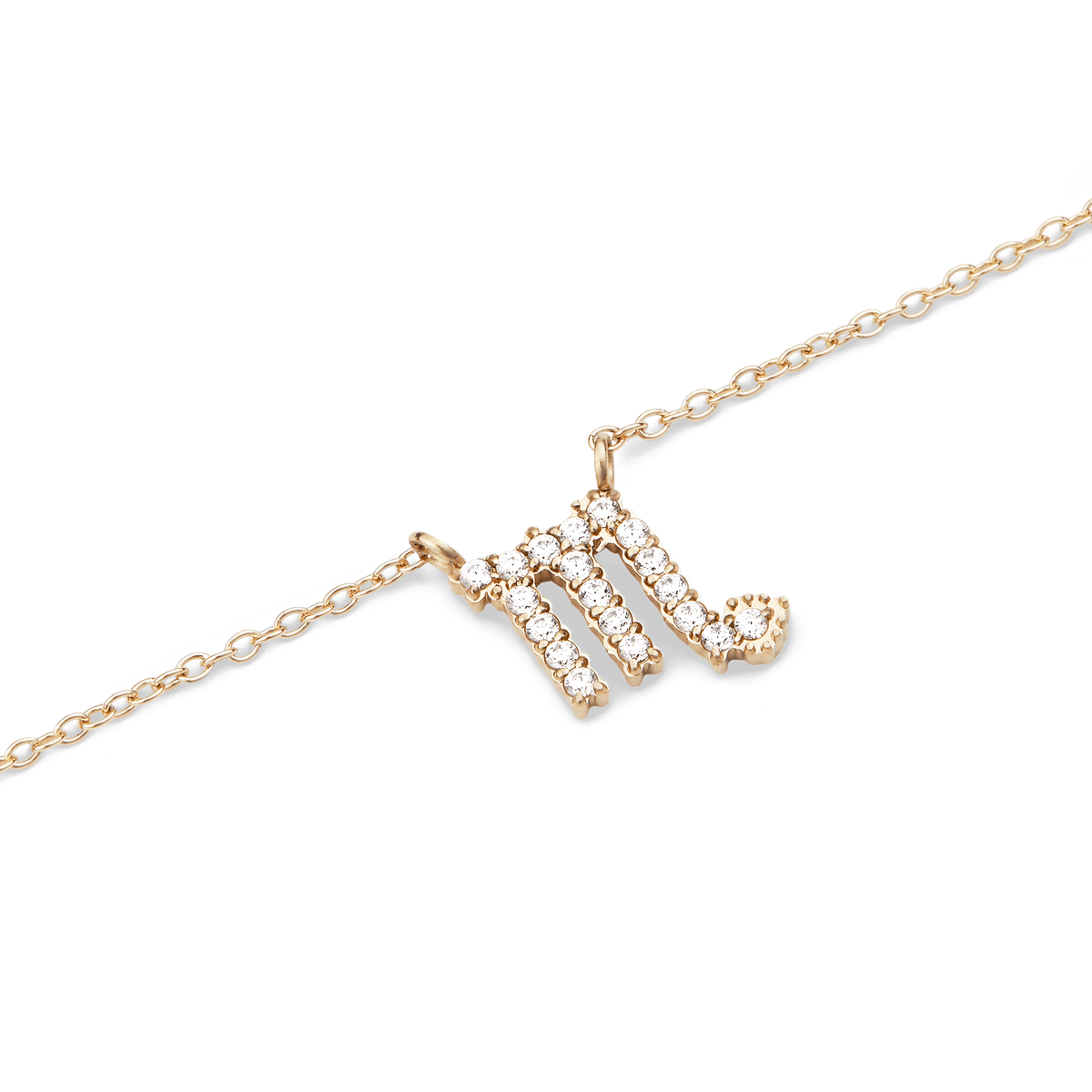 Crystal Zodiac Chain Necklace Gold featuring a Scorpio zodiac pendant adorned with sparkling crystals on a fine gold chain, crafted for a modern and elegant style.