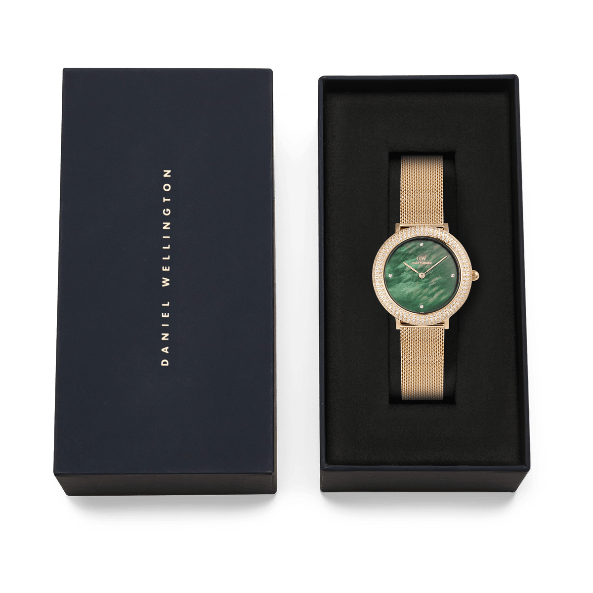 Crystalline Bezel Evergold Green gold ladies watch with a green mother of pearl dial and crystal-set bezel, presented in a Daniel Wellington branded gift box.