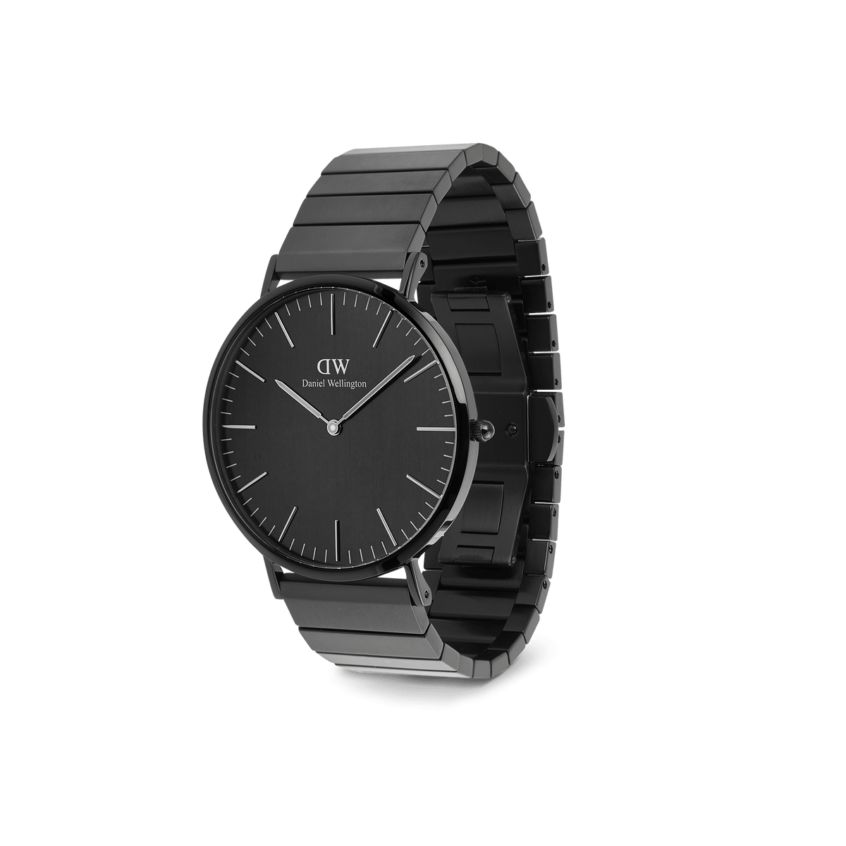 Classic Piano Link Onyx Unitone Black watch by Daniel Wellington displayed at an angle, featuring a brushed black dial, minimalist markers, and a geometric stainless steel piano link bracelet.