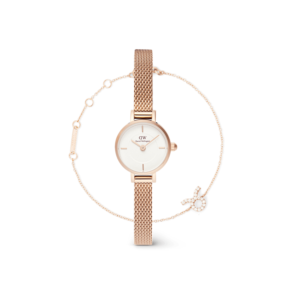 Rose gold ladies watch with a white dial and mesh strap, paired with an adjustable rose gold zodiac chain bracelet featuring a sparkling crystal charm, both designed for a refined and minimalist look.