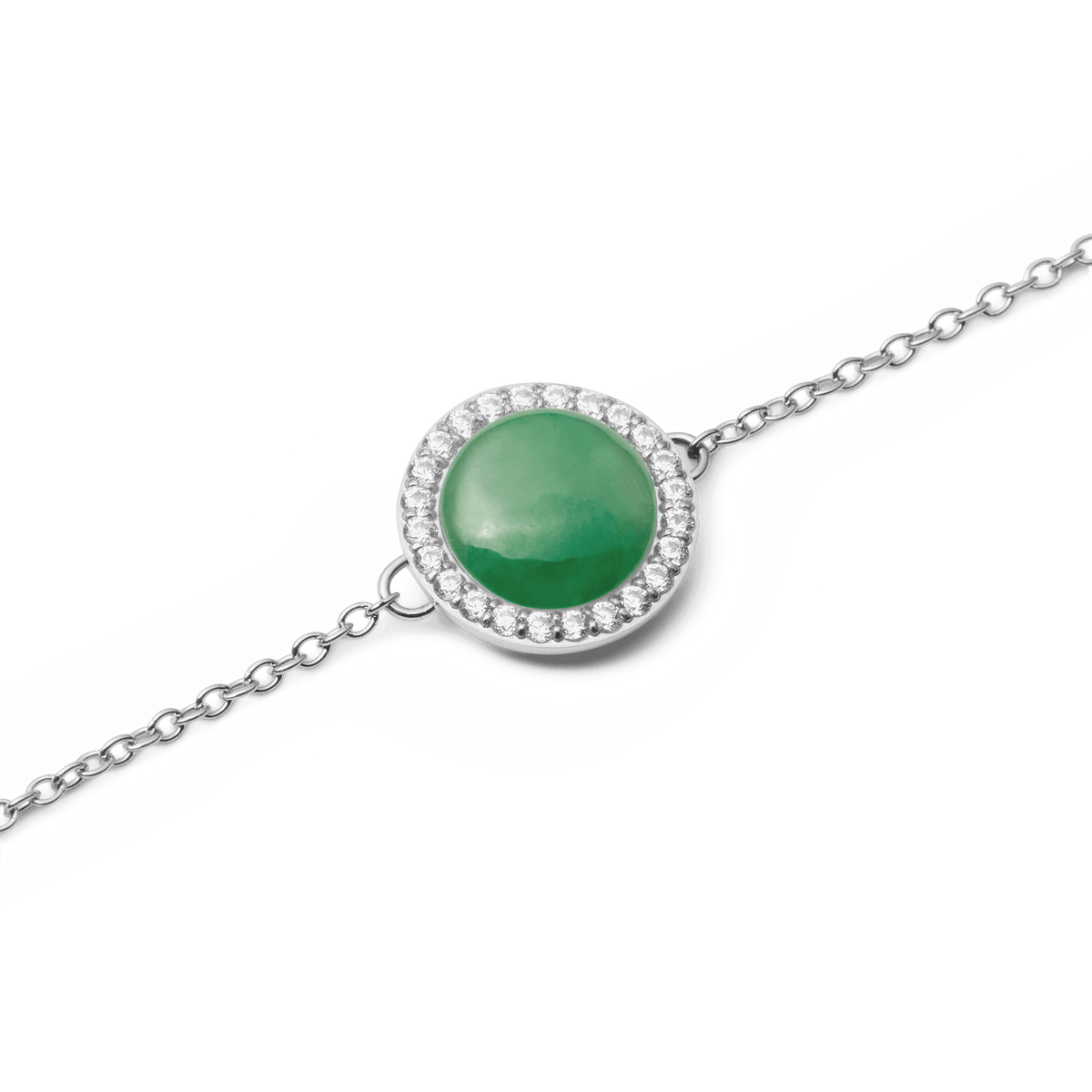 Close-up of the Audrey Bracelet Jade Silver, highlighting the domed green jade centrepiece surrounded by a halo of sparkling white cubic zirconia on a slim silver chain.