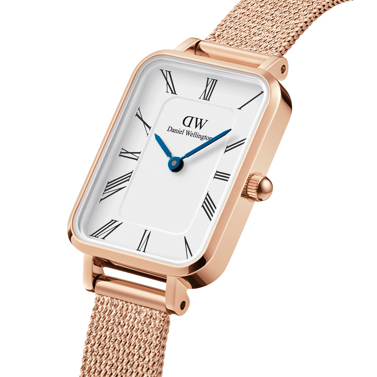 Close-up of the Quadro Roman Numerals Melrose watch featuring a rectangular rose gold case, white dial with Roman numerals, blue steel hands, and a rose gold mesh strap, highlighting its elegant minimalist design.