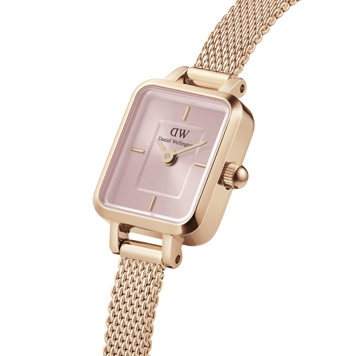 Quadro Mini Melrose Blush watch with a soft pink rectangular dial, rose gold mesh strap, and minimalist hour markers, highlighting its elegant and contemporary design for women.