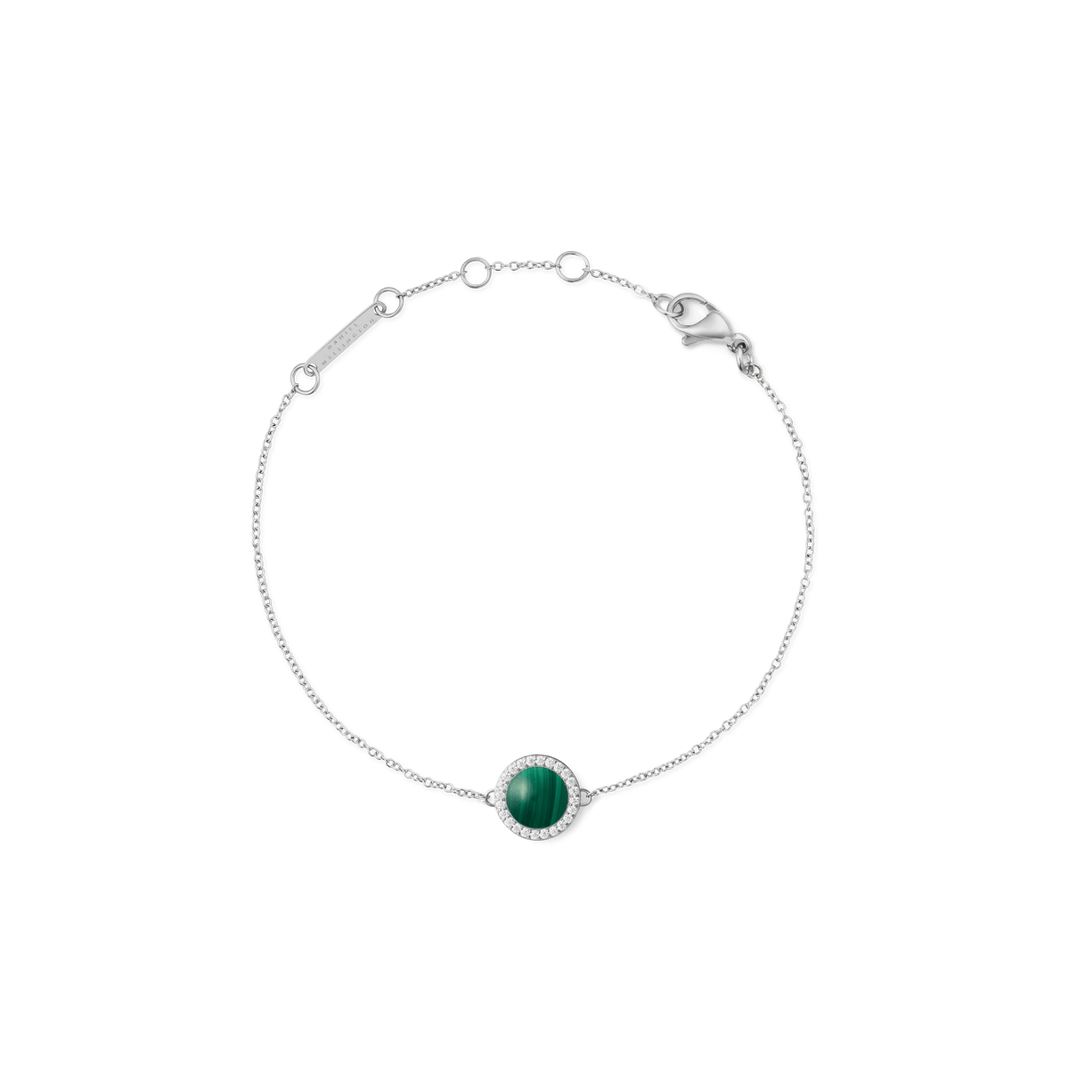 Slim silver bracelet with an adjustable chain, featuring a domed malachite centrepiece surrounded by white cubic zirconia, designed for women who appreciate understated elegance.