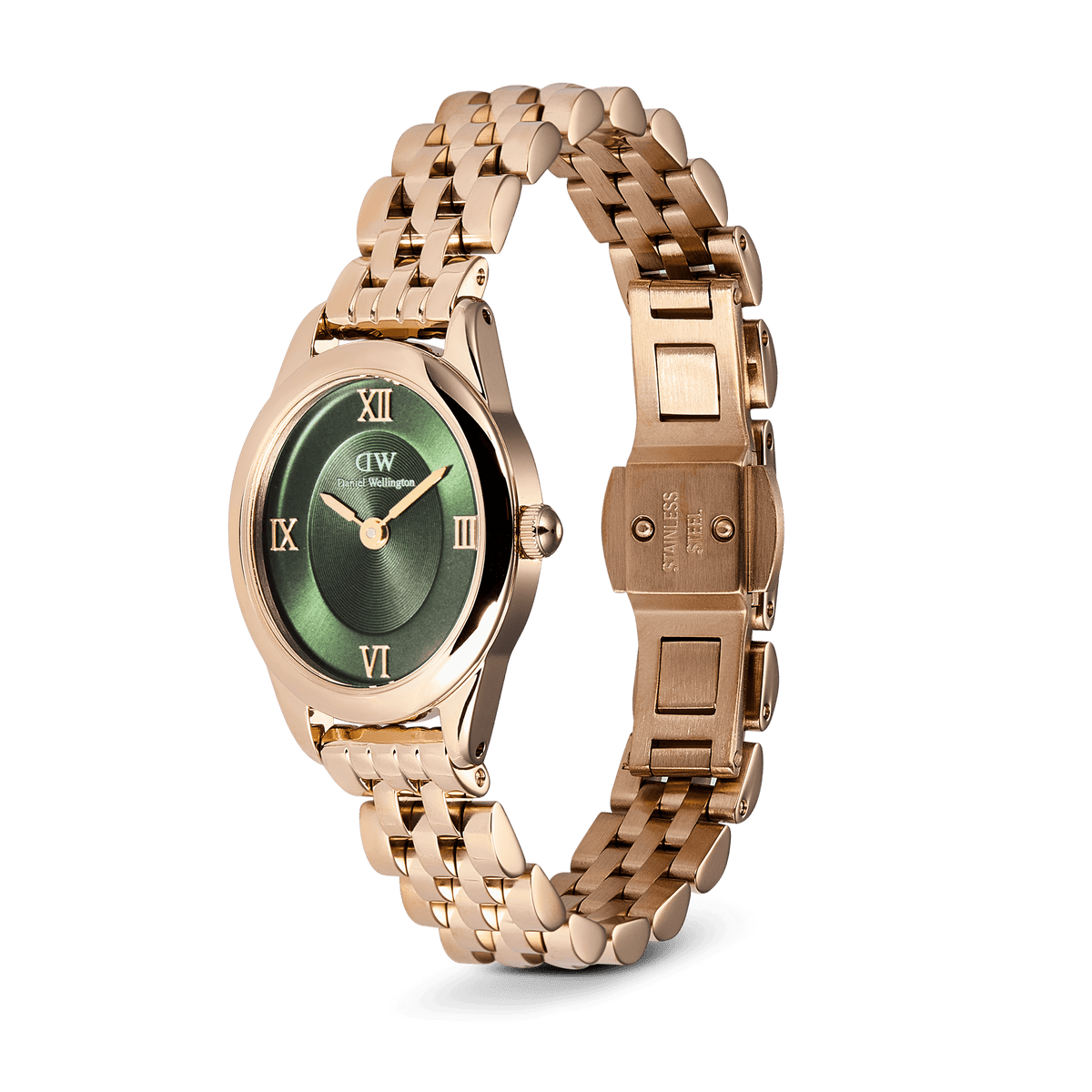 Ophelia Mini Emerald Rose Gold watch with a polished oval case, emerald green sunray dial, Roman numerals, and a rose gold beans link bracelet featuring an open butterfly clasp.