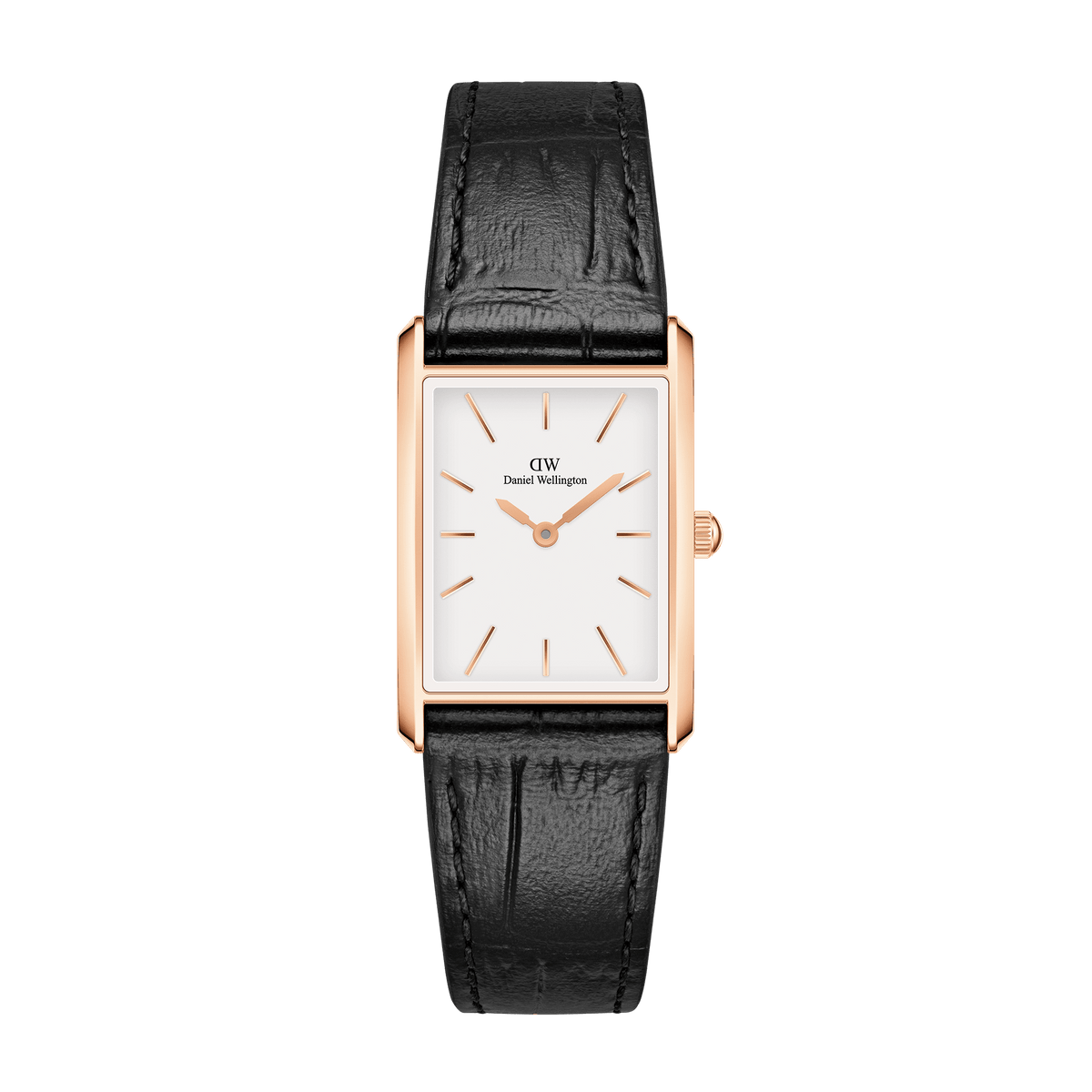 Rectangular rose gold watch with a minimalist white dial and black crocodile-embossed leather strap, featuring slim rose gold hour markers and a secure pin buckle.