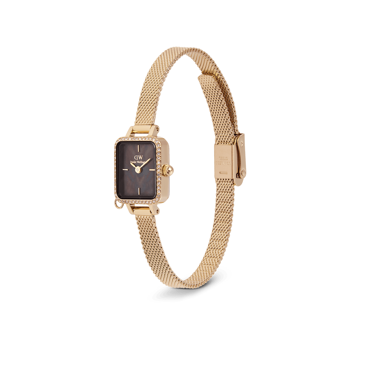 Daniel Wellington Quadro Mini Crystal Zodiac Evergold Set with a rectangular gold case framed by crystals, black mother of pearl dial, and an adjustable gold mesh strap, designed for women who appreciate elegant and personalised accessories.