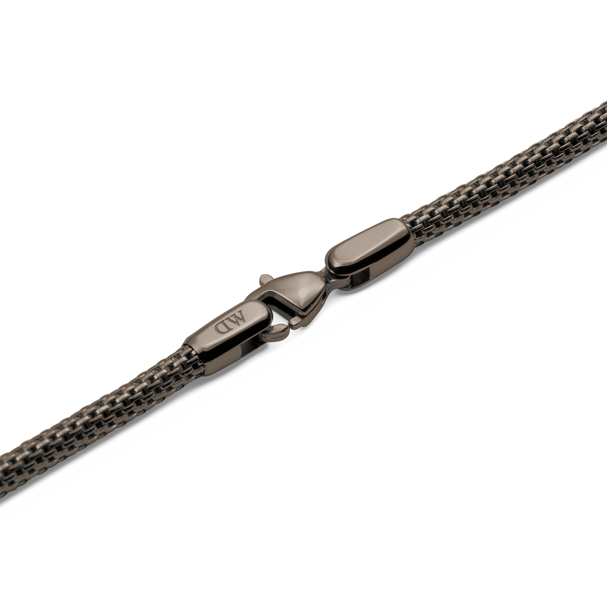 Detail of the Tide Mesh Necklace Graphite 2.8 showing the graphite stainless steel mesh chain and secure lobster clasp with a polished finish.