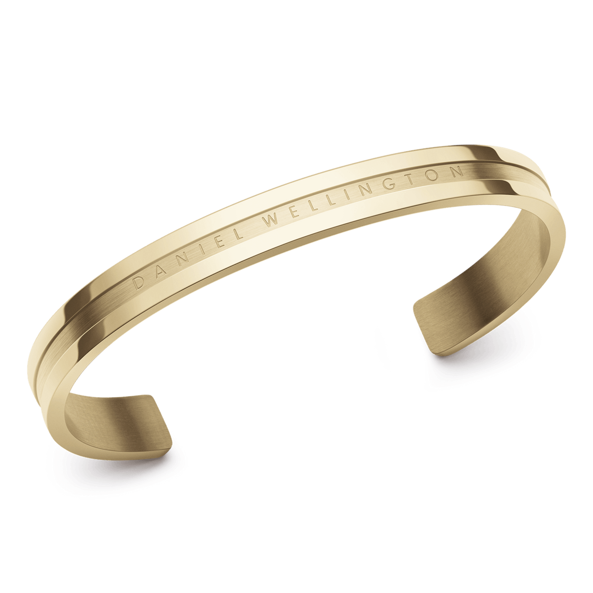Elan Bracelet Gold featuring a polished gold finish, minimalist open cuff design, and engraved Daniel Wellington branding, crafted from stainless steel for a modern, elegant look.