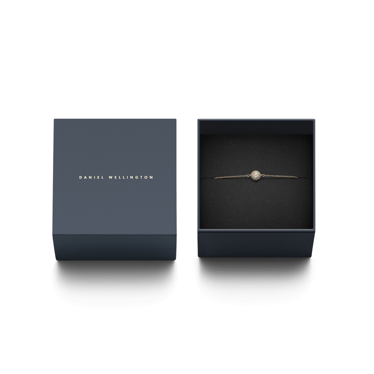 Pavé Crystal Pendant Bracelet Gold displayed in an elegant Daniel Wellington gift box, highlighting its sphere-shaped pavé bead and delicate gold chain.