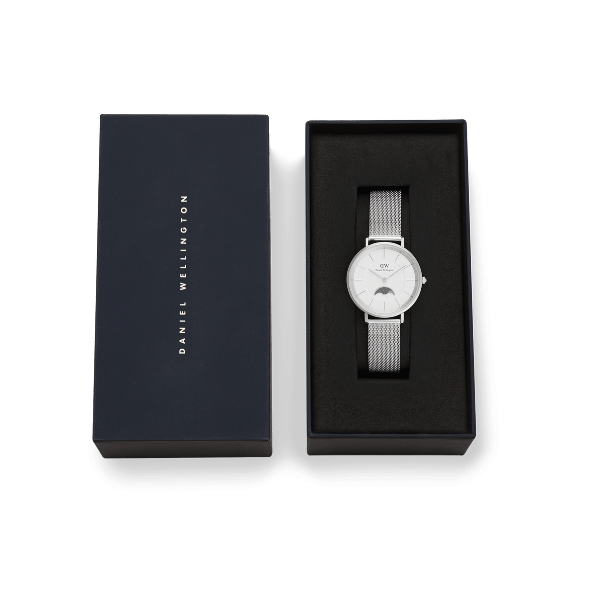 Petite Lune Sterling ladies watch with a silver mesh strap and minimalist white dial, presented in a Daniel Wellington branded gift box, ideal for gifting or special occasions.
