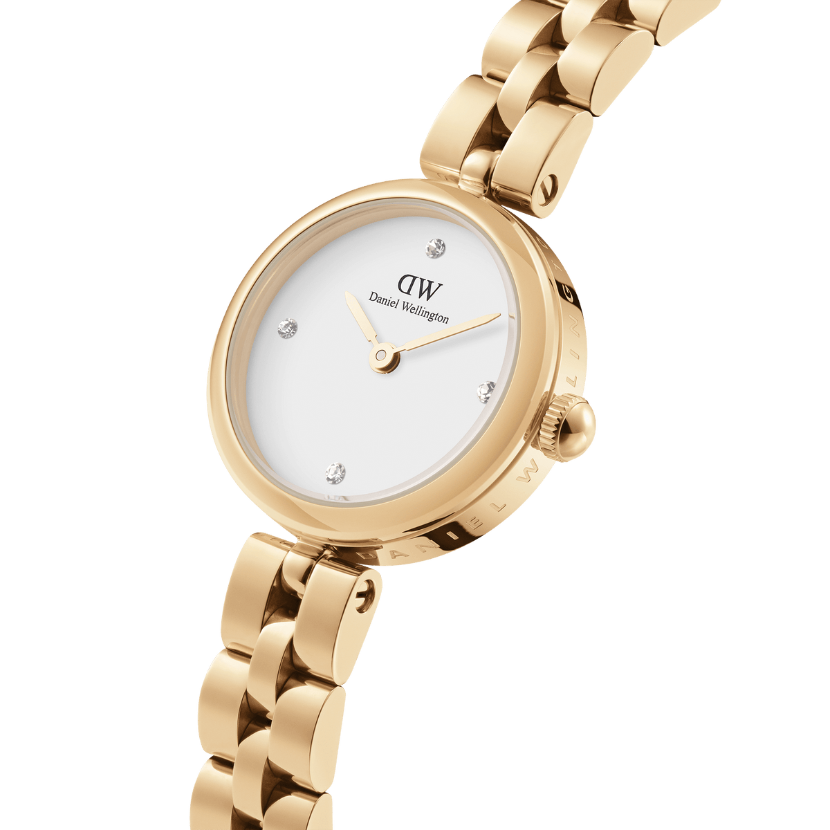 Elan Lumine Gold ladies watch featuring a minimalist white dial with crystal hour markers, a polished gold case, and a classic three-link gold bracelet.