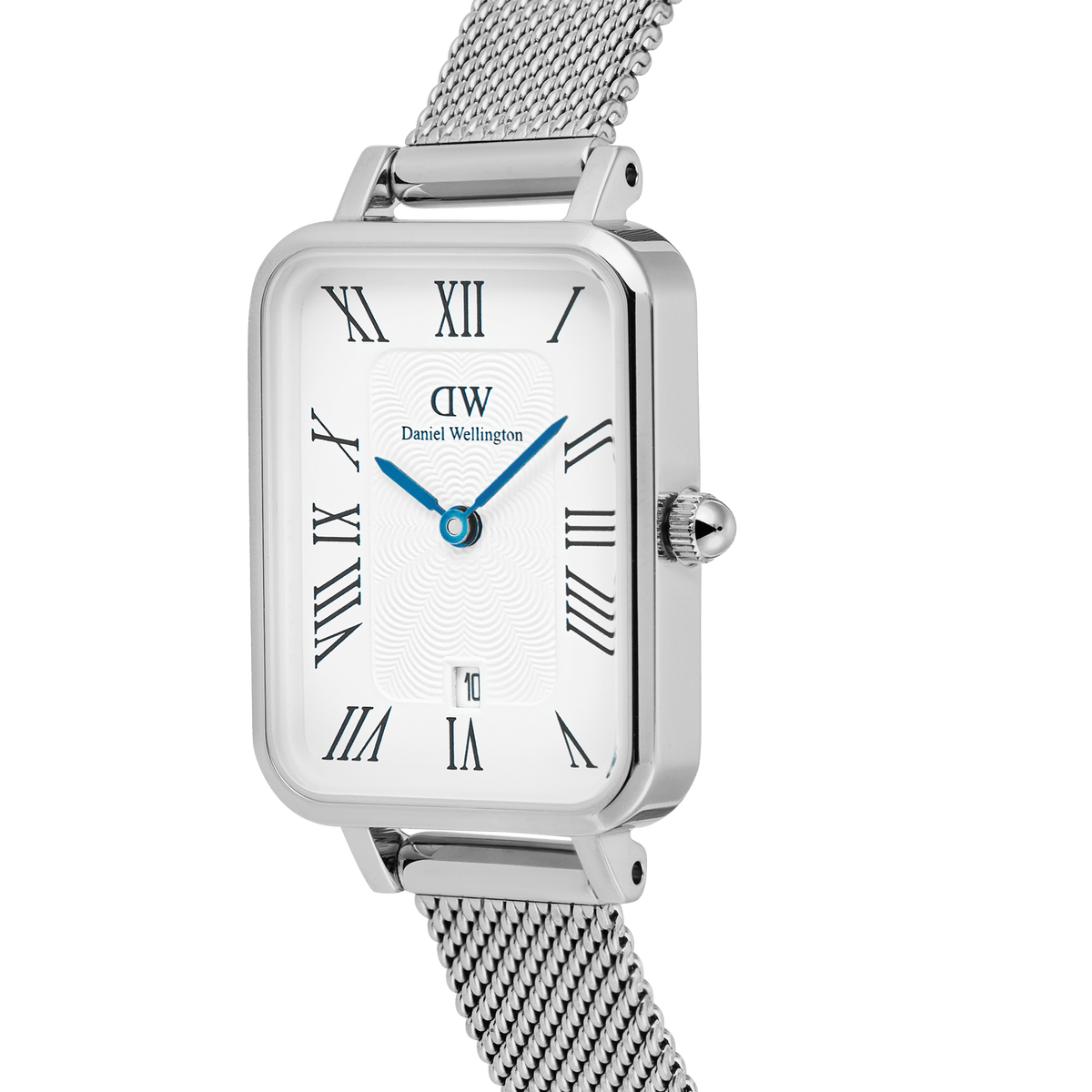 Close-up of the Quadro Sterling Roman Numerals Date ladies watch, showing the rectangular polished stainless steel case, white dial with Roman numerals, blue hands, date window, and textured silver mesh strap.