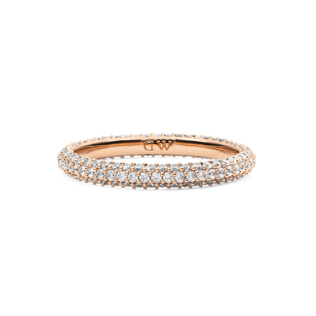 Pavé Ring Rose Gold 3 mm with a slim rose gold band, featuring three rows of finely set white cubic zirconia crystals for a subtle, elegant sparkle.