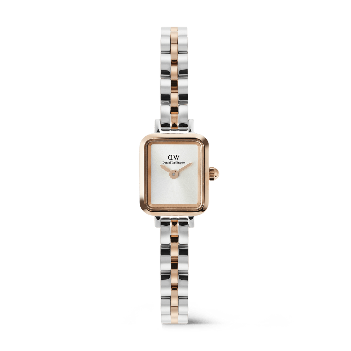 Quadro Mini Arch 3-Link Two Tone Rose Gold ladies watch with a petite rectangular case, minimalist white dial, and a slim silver and rose gold bracelet, designed for everyday elegance and versatility.