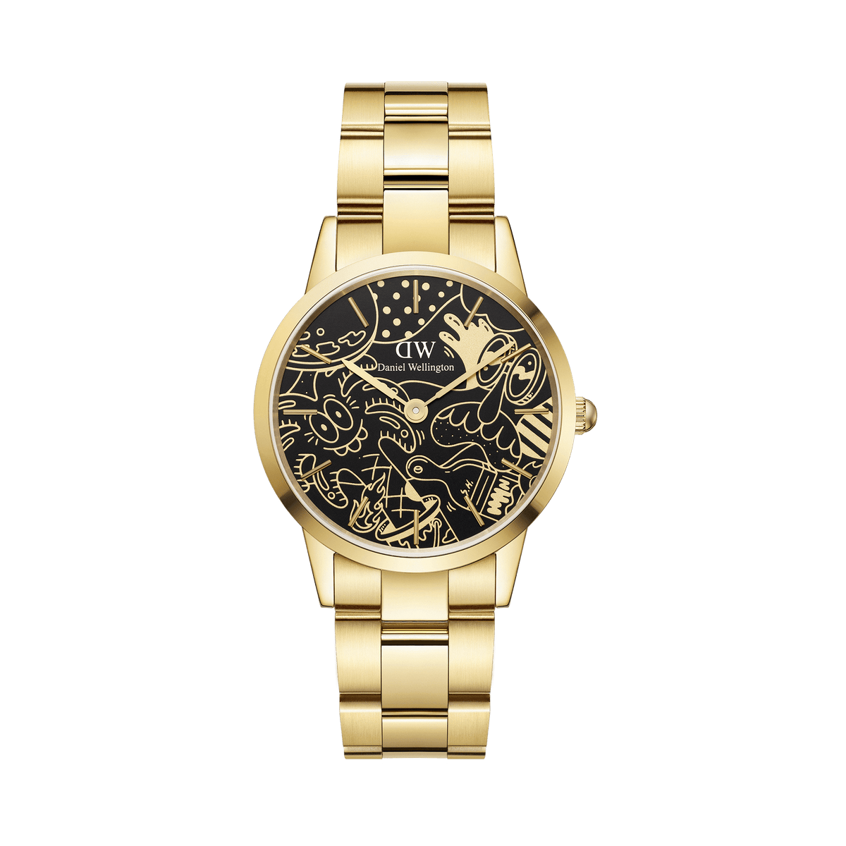 Limited edition Steven Harrington x Daniel Wellington Iconic Link Dual Tone gold watch with a black dial featuring bold artistic linework, gold stainless steel case and bracelet, and classic 3-link design.