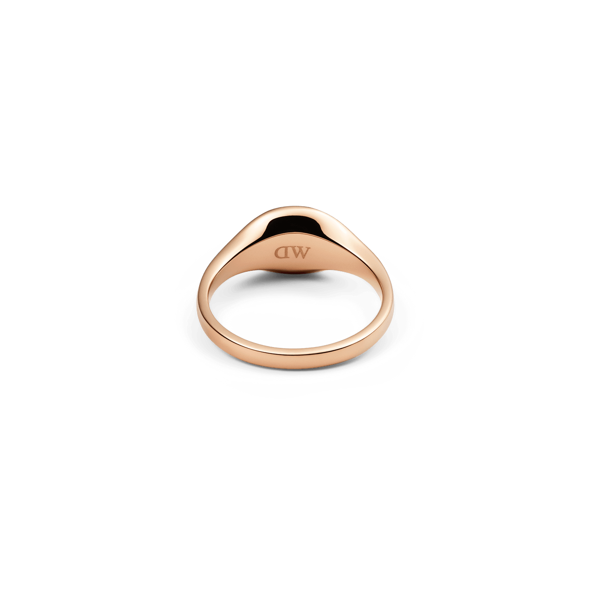 Classic Mini Signet Ring Rose Gold shown from the inside, highlighting the smooth rose gold finish and the engraved detail on the inner band.