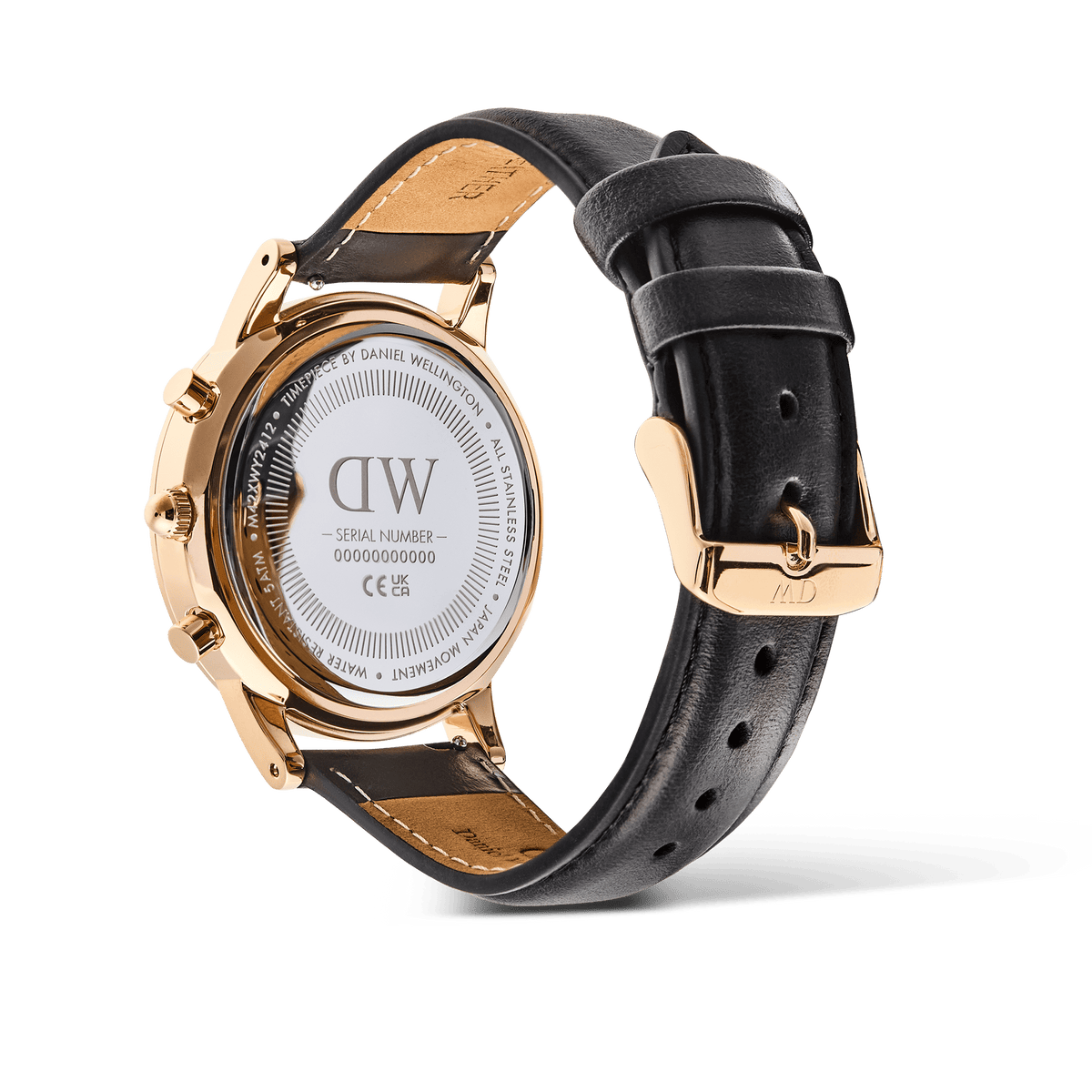 Rear view of the Iconic Chronograph Sheffield Arctic Panda Rose Gold watch, showing the engraved stainless steel case back, rose gold finish, and adjustable black leather strap with gold buckle.