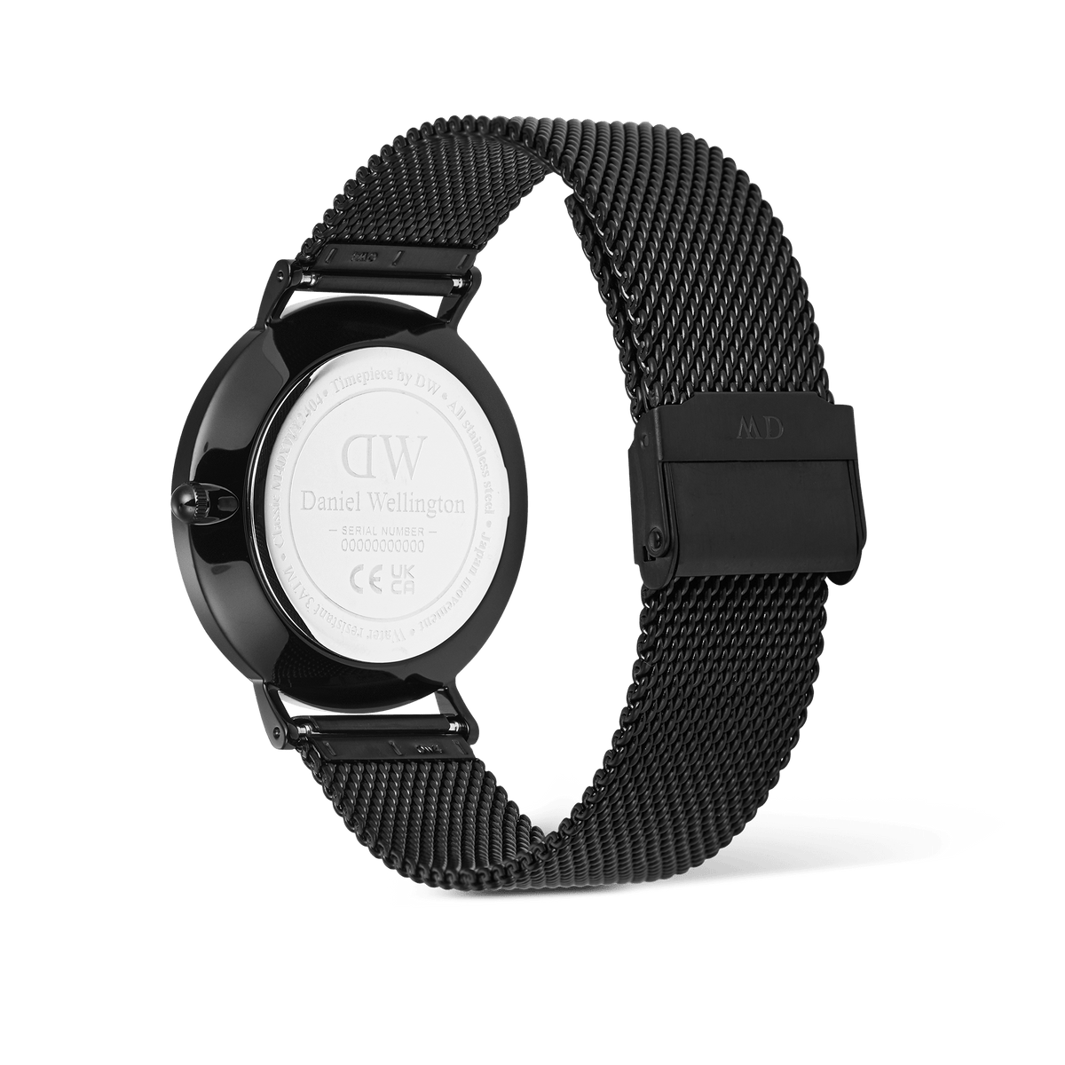 Rear view of the Classic Day Display Onyx Black watch, highlighting the engraved stainless steel case back and the adjustable black mesh strap.