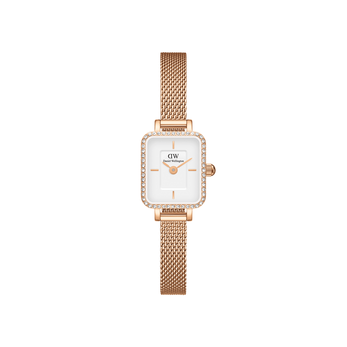 Quadro Mini Lumine Bezel Rose Gold ladies watch with a rectangular white dial, crystal-set bezel, and an adjustable rose gold mesh strap, designed for everyday elegance and comfortable wear.