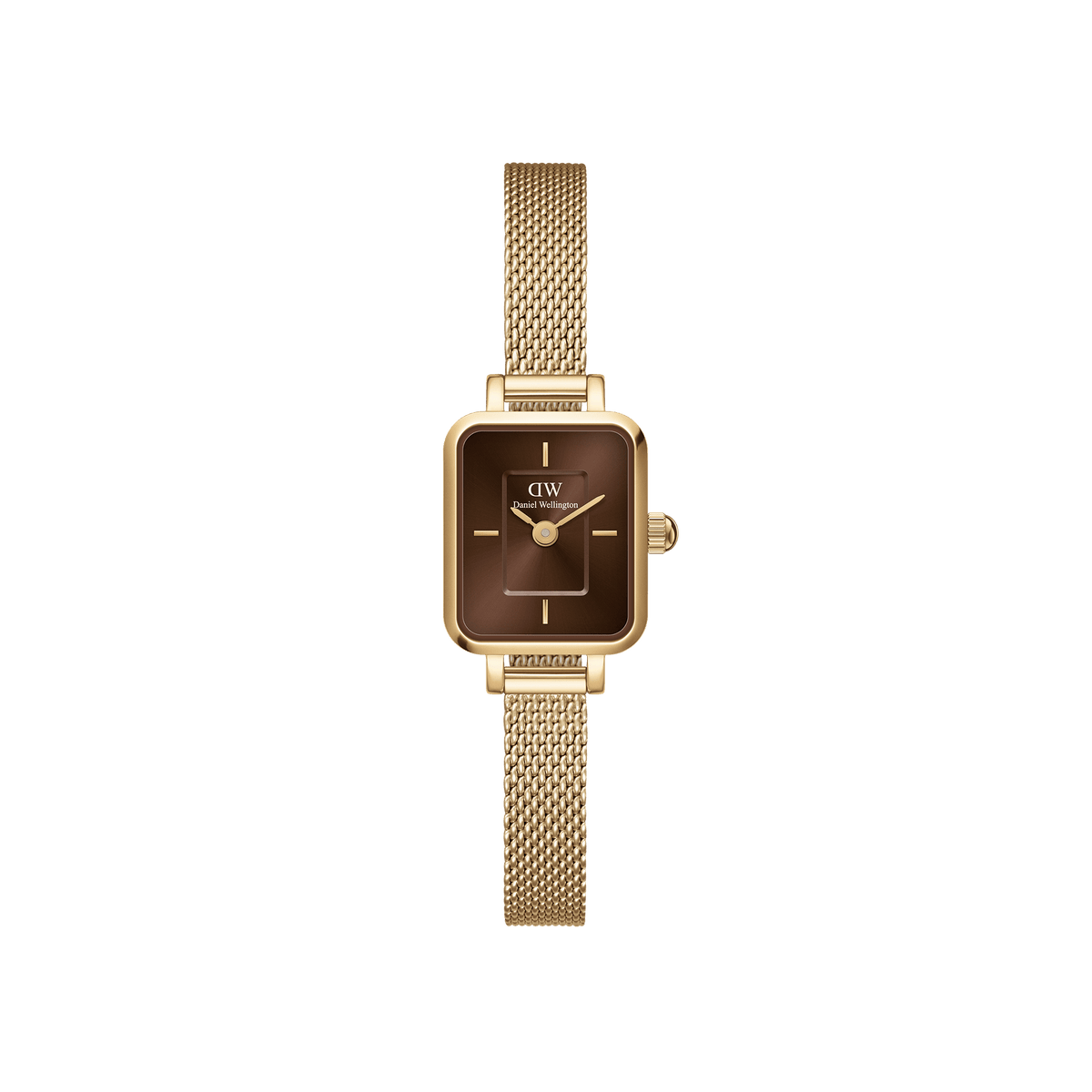Quadro Mini Evergold Amber features a petite rectangular amber sunray dial and a slim gold mesh strap, blending minimalist design with a jewellery-inspired look suitable for women seeking understated elegance.