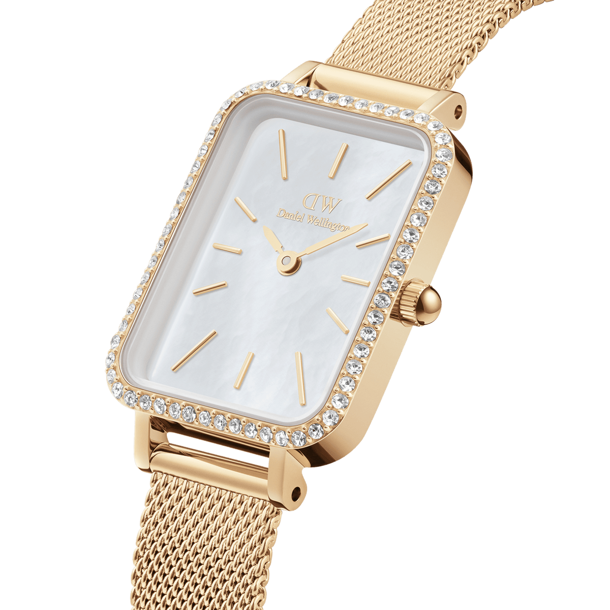 Quadro Lumine Bezel Evergold MOP gold watch with a rectangular case, crystal-set bezel, white mother of pearl dial, and slim gold mesh strap, shown in a close-up highlighting its elegant detailing.