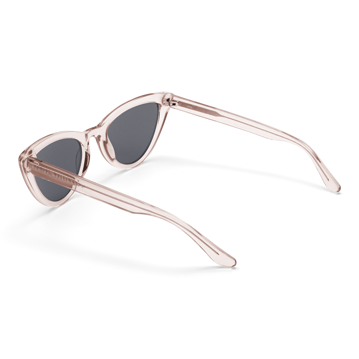 Lynx Bio-Acetate Clear Pink/Black sunglasses with a transparent pink cat eye frame, dark nylon lenses, and elegantly curved arms designed for comfortable, stylish wear.