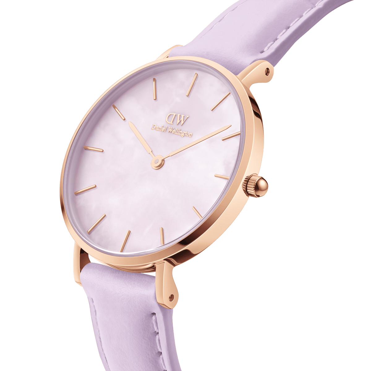 Close-up of the Petite Lavender Rose Gold ladies watch featuring a slim rose gold case, pastel lavender leather strap, and a genuine mother of pearl dial with minimalist gold markers.