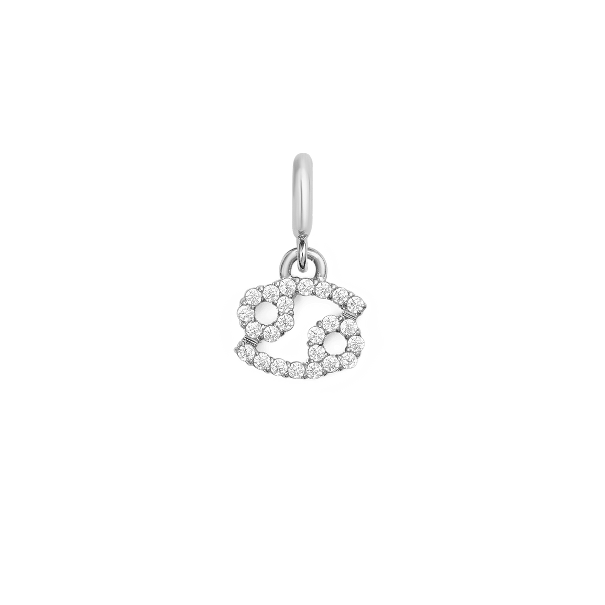 Cancer zodiac watch charm in polished silver, featuring a delicate astrological symbol embellished with cubic zirconia crystals, crafted for Daniel Wellington watches or bracelets.