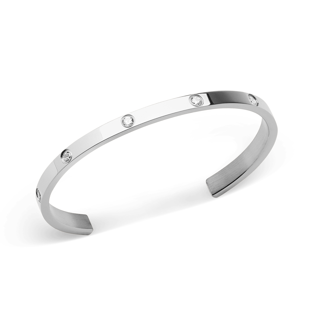 Classic Lumine Bracelet Silver 5.5mm with a slim, open bangle design in polished stainless steel, featuring evenly spaced cubic zirconia crystals for a refined, minimalist look.
