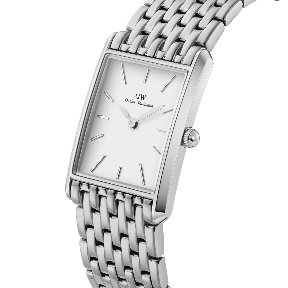 Bound 9-Link Silver ladies watch with a rectangular 32mm stainless steel case, minimalist white dial, and integrated nine-link silver bracelet, shown in a close-up angled view.