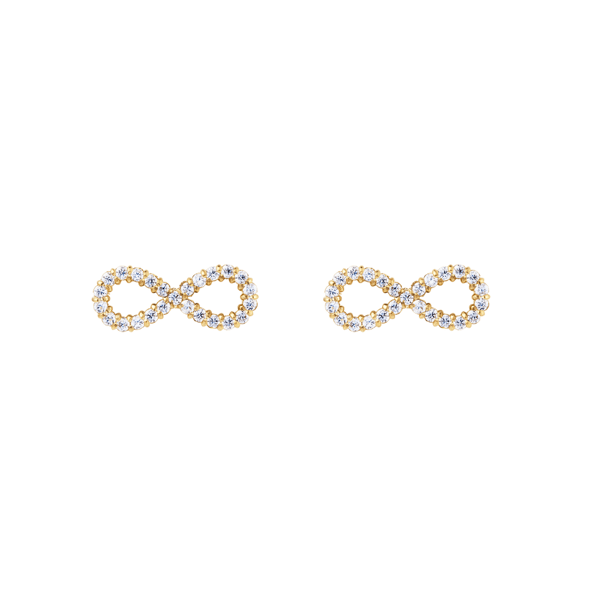 A pair of Mirelle Infinity Earring Gold studs featuring an elegant infinity shape, crafted in gold-plated stainless steel and set with petite white cubic zirconia crystals for a subtle, refined sparkle.