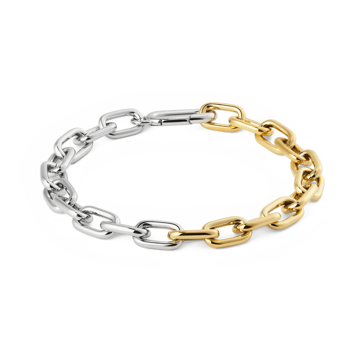 Contrast Link Bracelet Two Tone Gold featuring alternating polished gold and silver rectangular links, crafted from stainless steel with a modern, sculptural design.