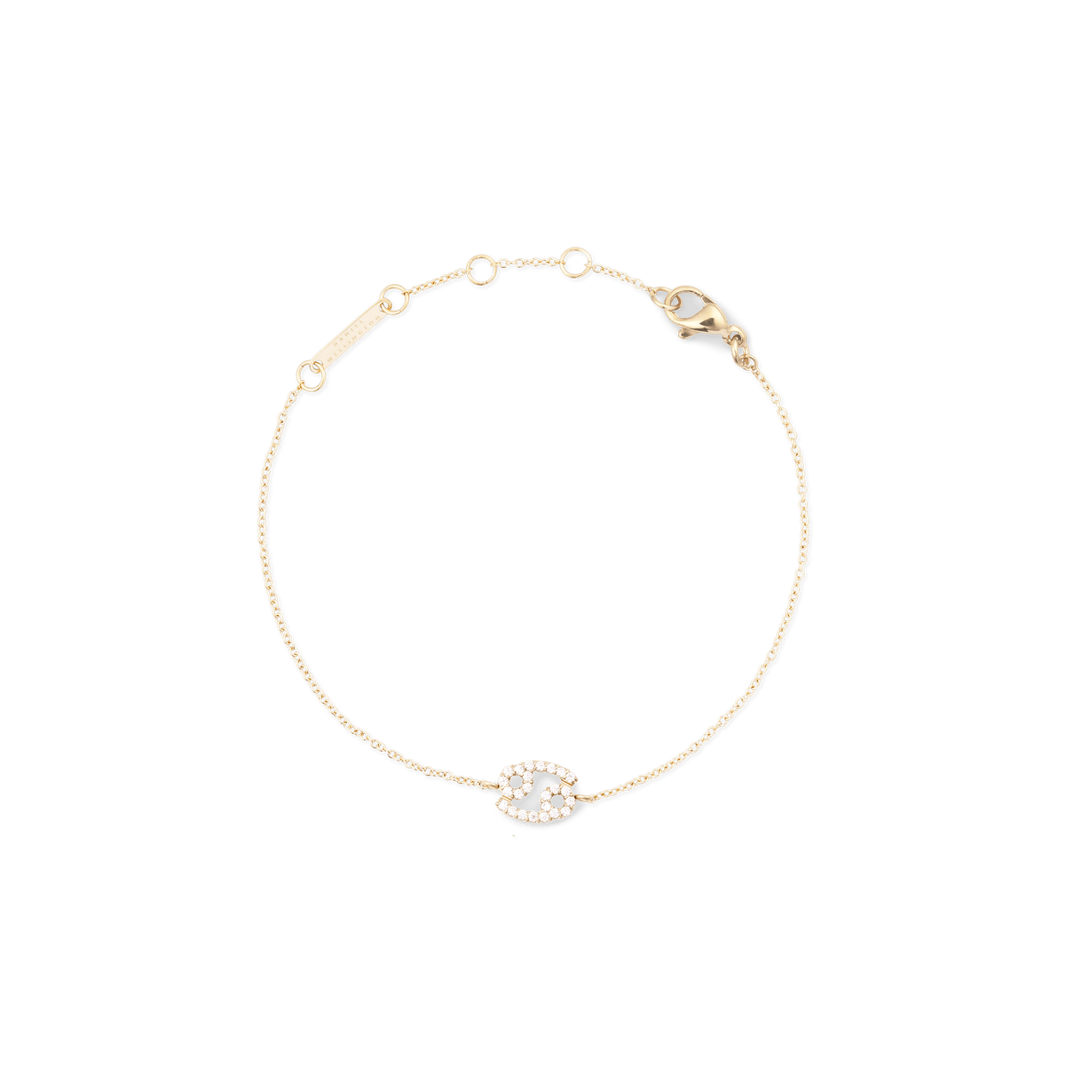Delicate gold chain bracelet featuring a Cancer zodiac charm set with sparkling crystals, adjustable sizing rings, and a secure lobster clasp.