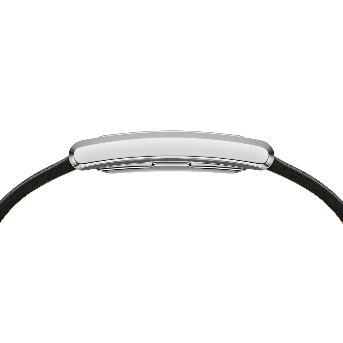 Side profile of the Bound Black Crocodile Silver watch highlighting its slim rectangular stainless steel case and black leather strap, designed for comfortable everyday wear.