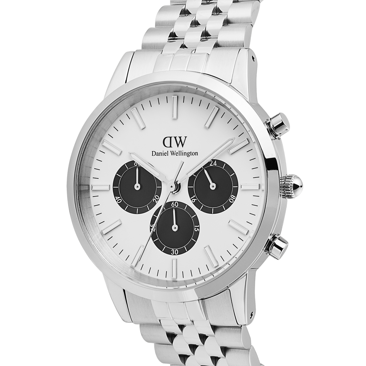 Iconic Chronograph Arch 5-Link Off-White Panda Silver men's watch with a polished stainless steel bracelet, off-white dial, bold black sub-dials, and minimalist chronograph design.