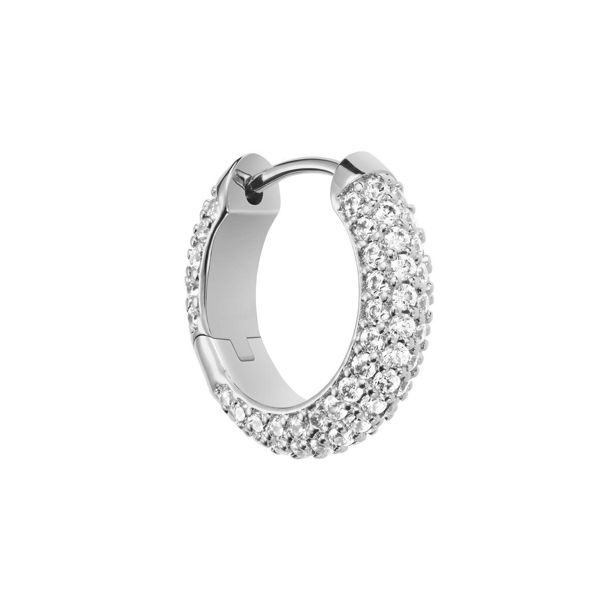 Single Pavé Crystal Earrings Silver featuring a petite hoop shape, rhodium plated brass and densely set cubic zirconia crystals for a polished, sparkling finish.